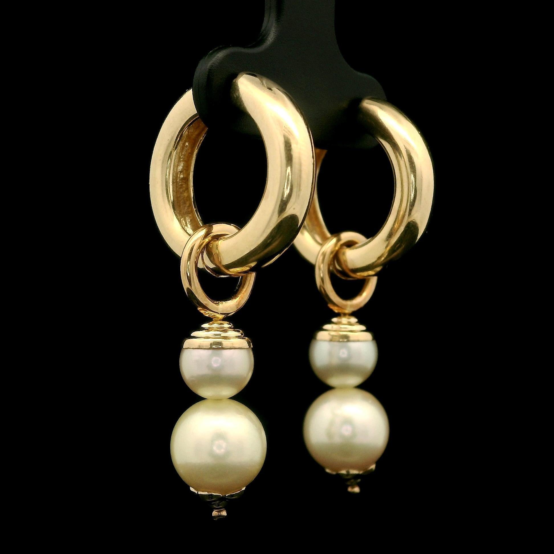 14k Yellow Gold Pearl Convertible Huggie Hoop Or Dangle Clip On Earrings For Sale 1