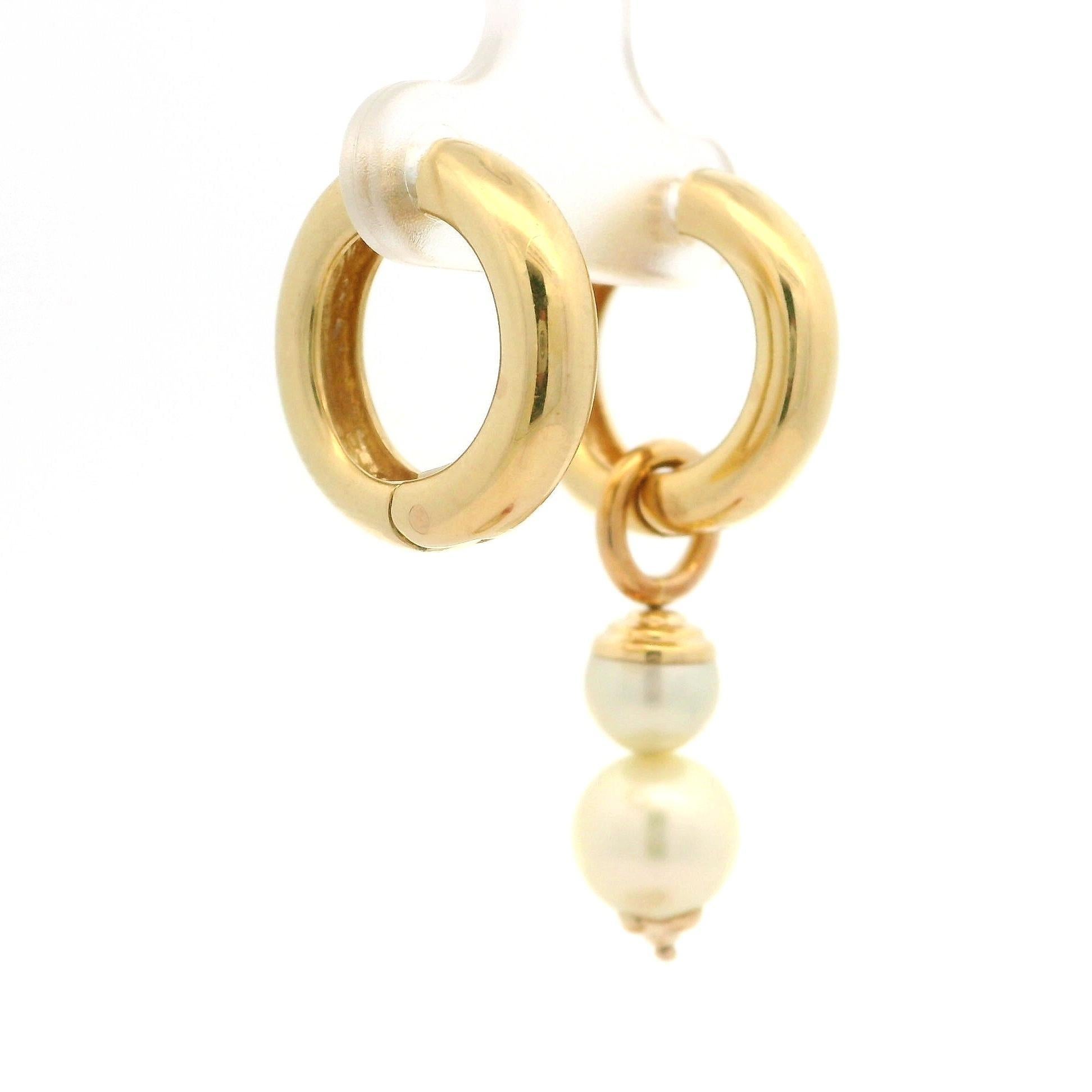 14k Yellow Gold Pearl Convertible Huggie Hoop Or Dangle Clip On Earrings For Sale 2