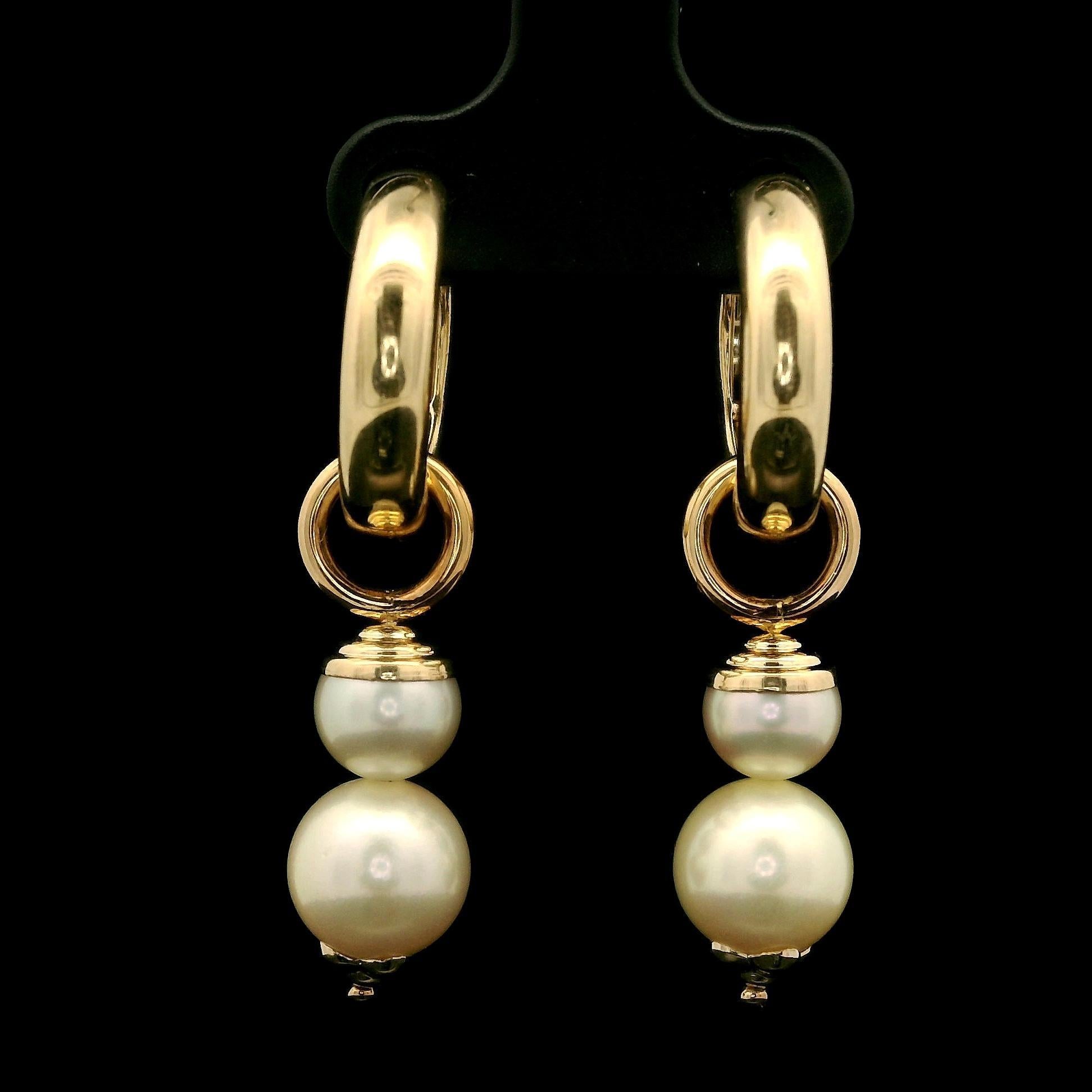 14k Yellow Gold Pearl Convertible Huggie Hoop Or Dangle Clip On Earrings For Sale 4