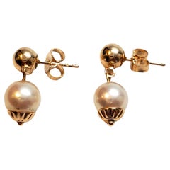 14K Yellow Gold Pearl Dangle Earrings #17877