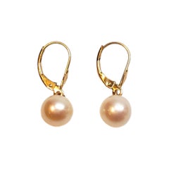 14K Yellow Gold Pearl Dangle Hoop Earrings #22318