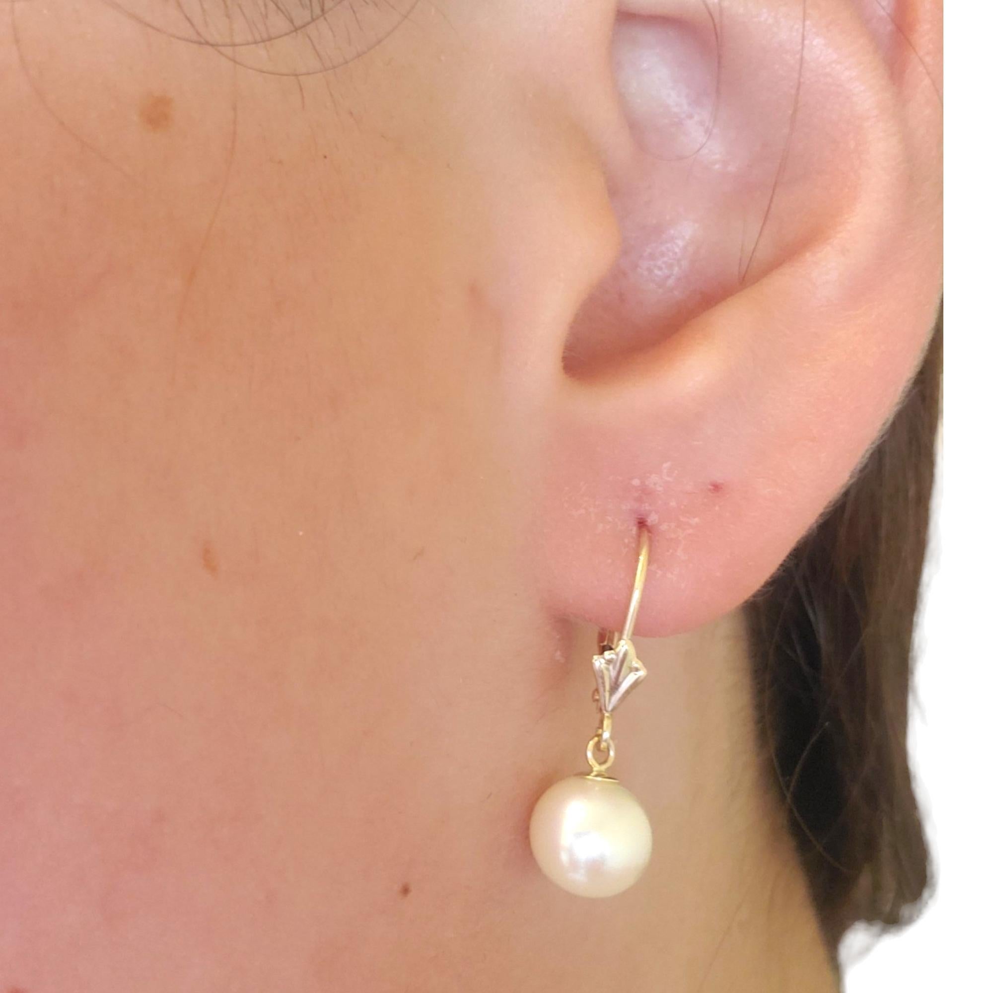 14K Yellow Gold Pearl Dangle Hoop Earrings #22318 in vendita 2