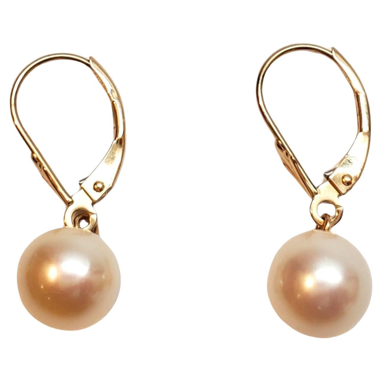 14K Yellow Gold Pearl Dangle Hoop Earrings #22318