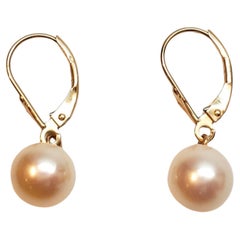 14K Yellow Gold Pearl Dangle Hoop Earrings #22318
