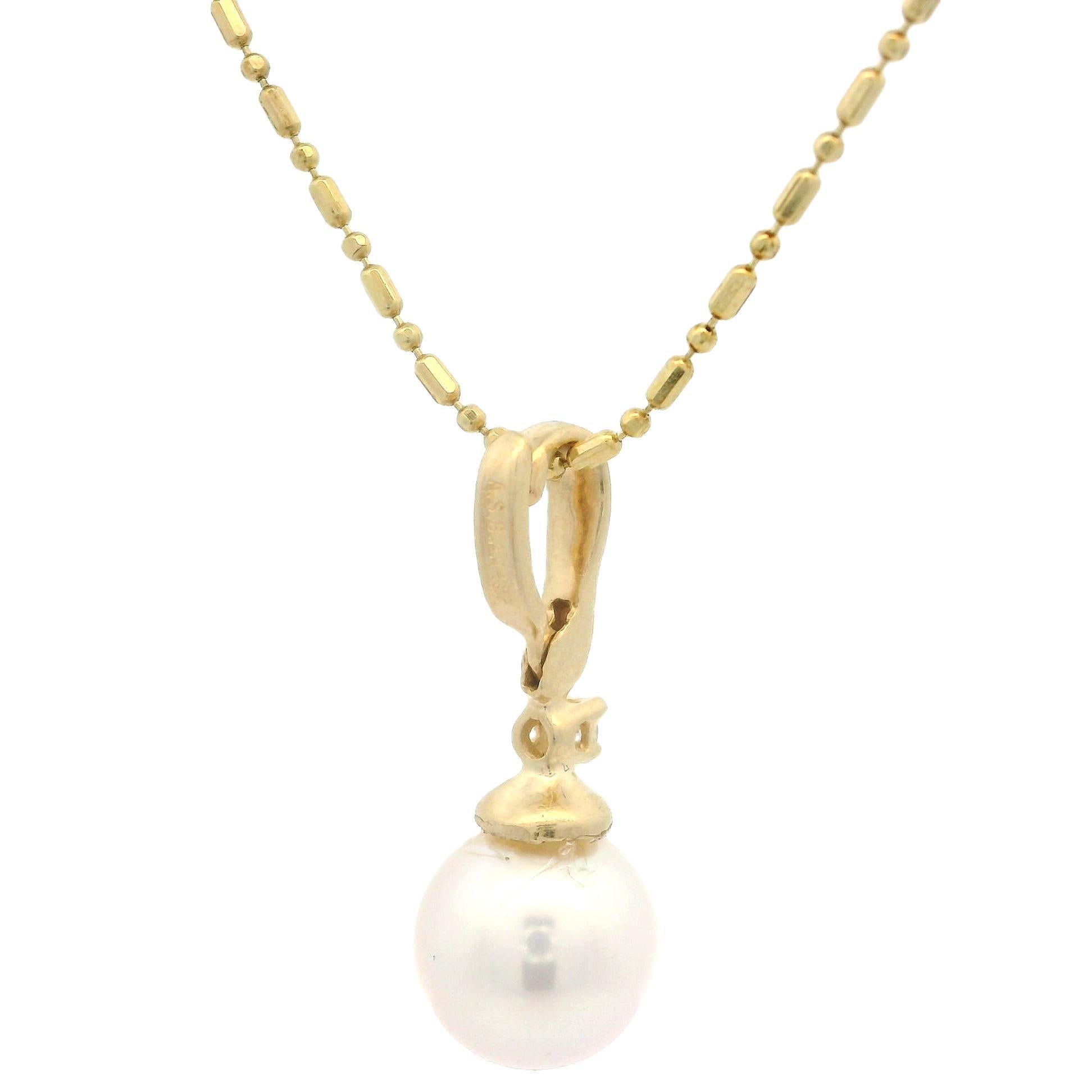 Collier de perles et diamants en or jaune 14 carats avec chaîne à barres facettées en vente 1