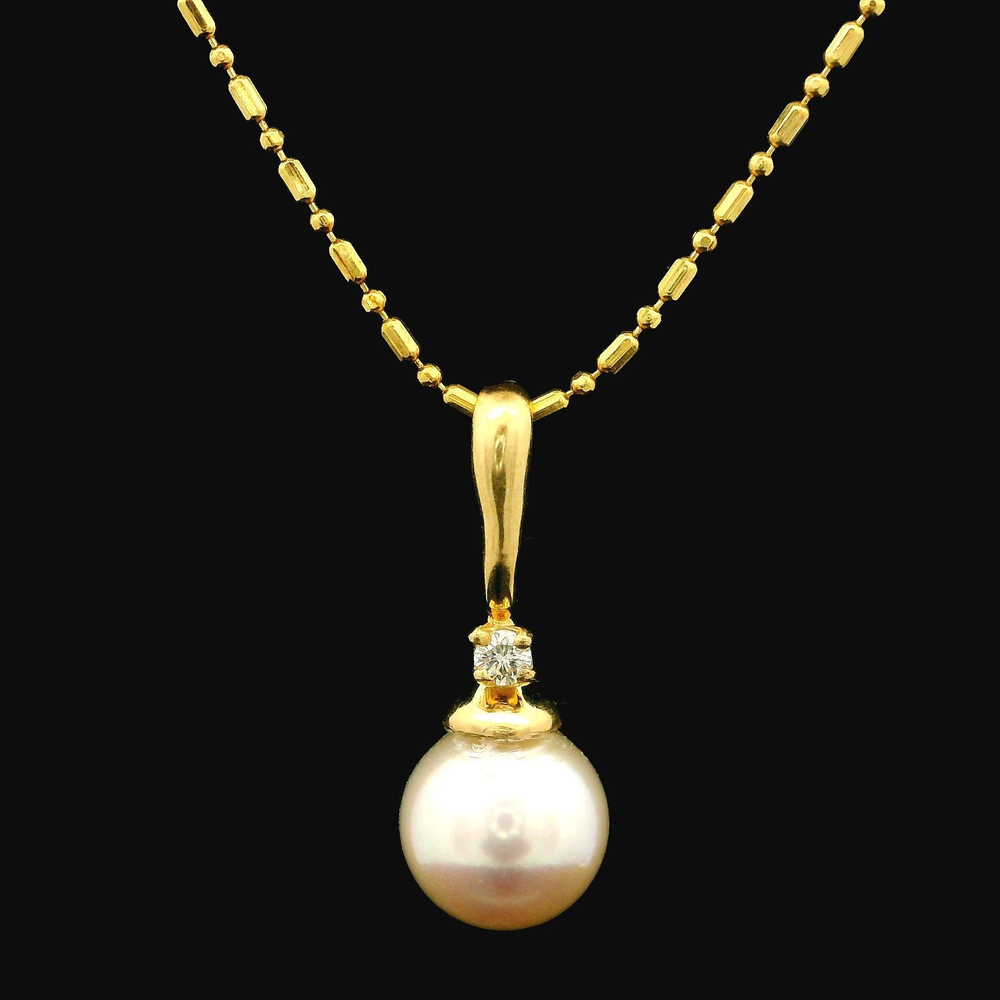Collier de perles et diamants en or jaune 14 carats avec chaîne à barres facettées en vente 4
