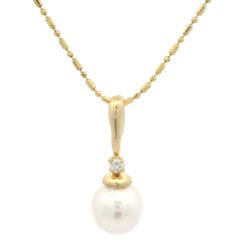 14k Gelbgold Perlen- und Diamant-Anhänger mit facettierter Bar-Perlenkette Halskette