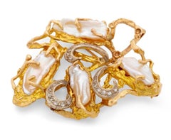 14K Yellow Gold Pearl Diamond Freeform Brooch