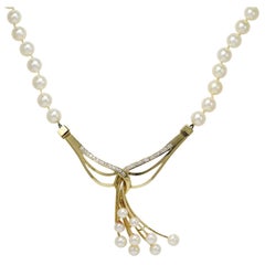 14K Gelbgold Perlen- und Diamant-Halskette, .25tdw, 30g
