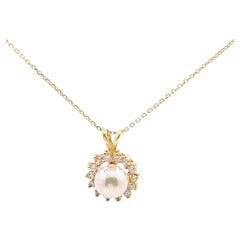 14K Yellow Gold Pearl & Diamond Pendant Necklace