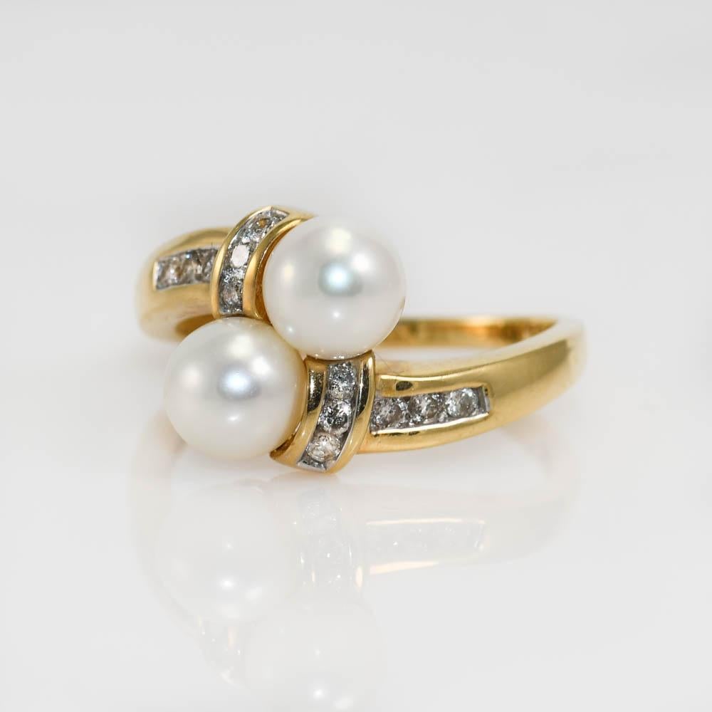 Bead 14k Yellow Gold Pearl & Diamond Ring 3.3gr For Sale