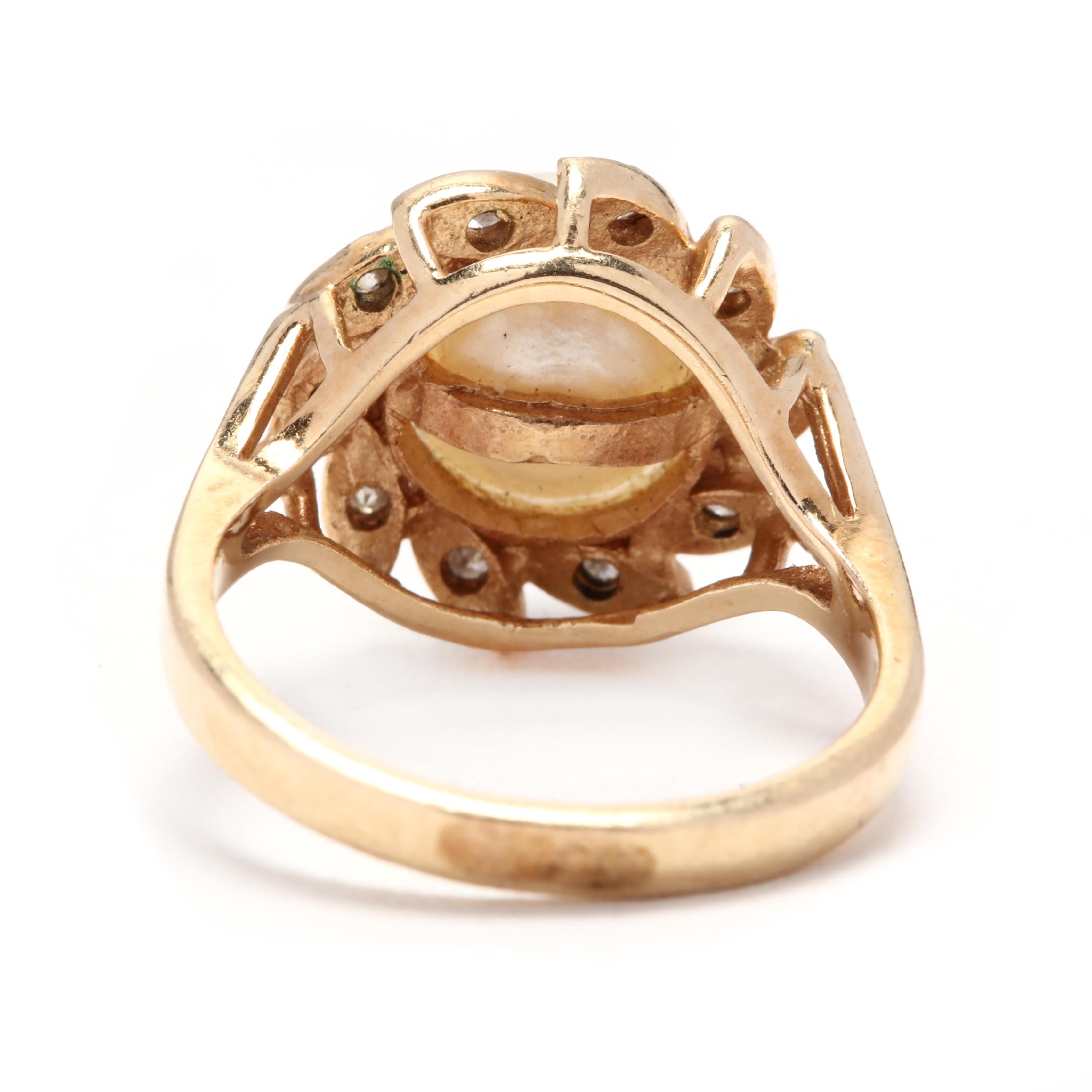 Round Cut 14 Karat Yellow Gold, Pearl and Diamond Statement Ring