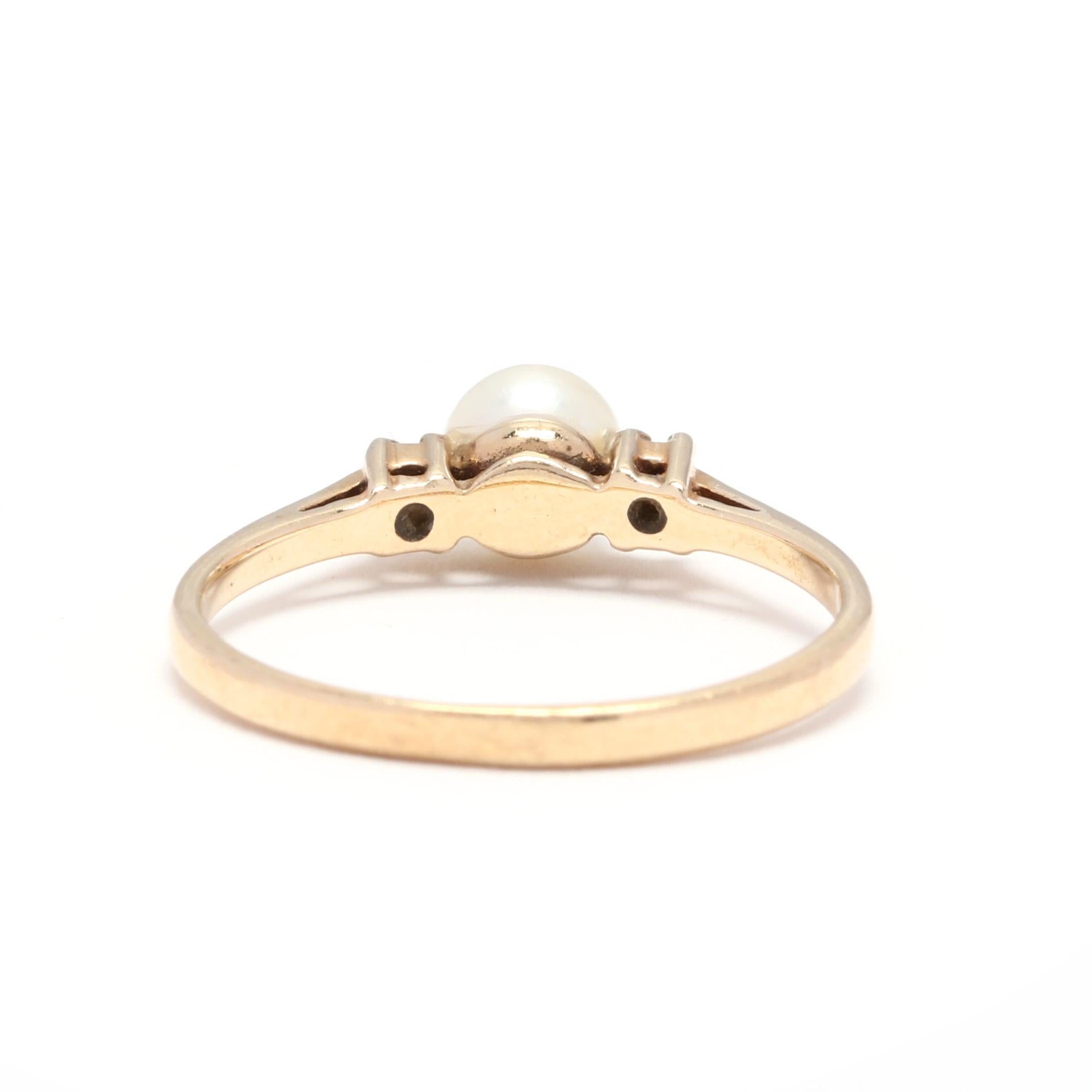 Women's or Men's 14 Karat Yellow Gold, Pearl and Diamond Three-Stone Ring, June Birthstone