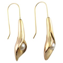 14K Yellow Gold Pearl Drop Calla Lilly Earrings #16264