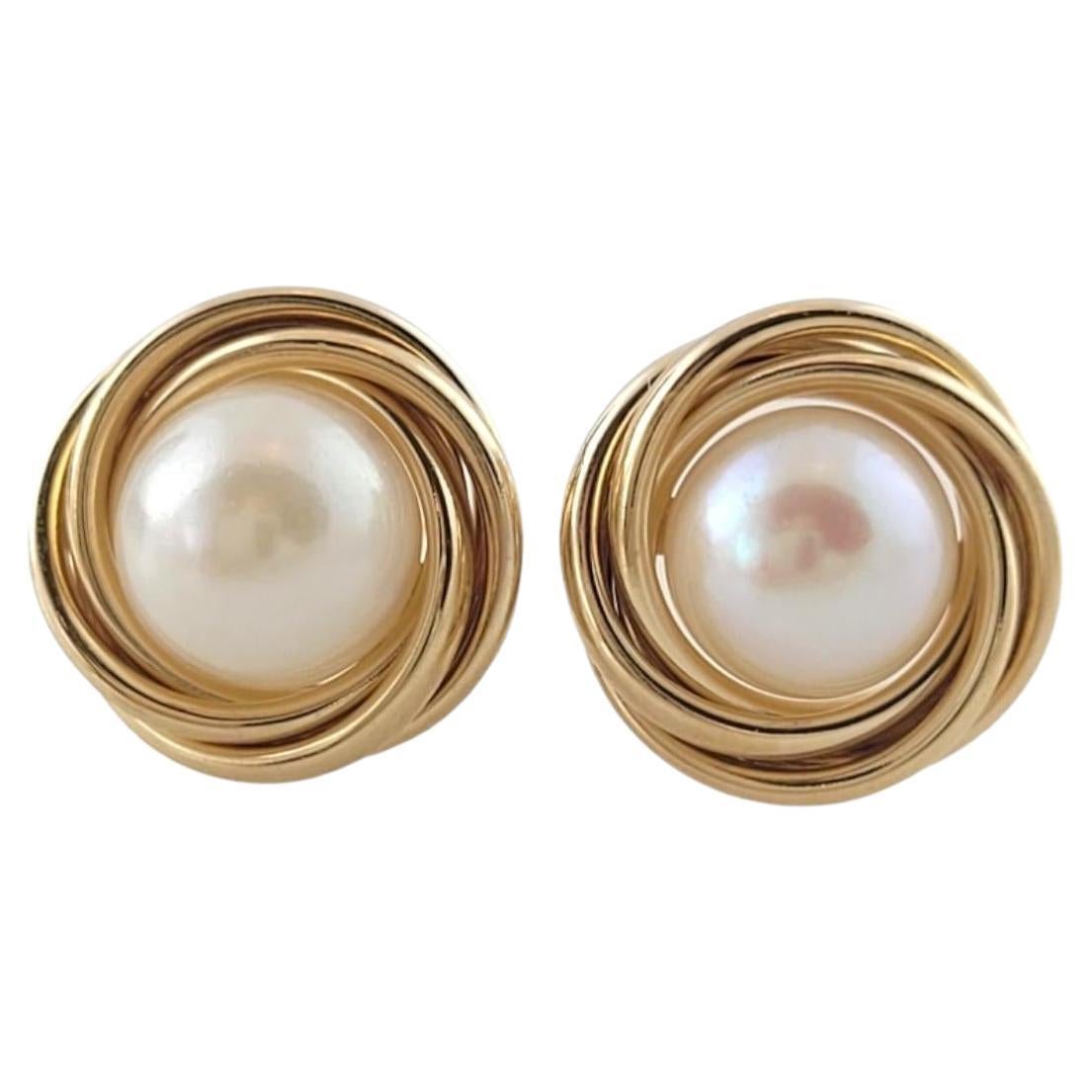 14K Yellow Gold Pearl Earrings #17389 For Sale