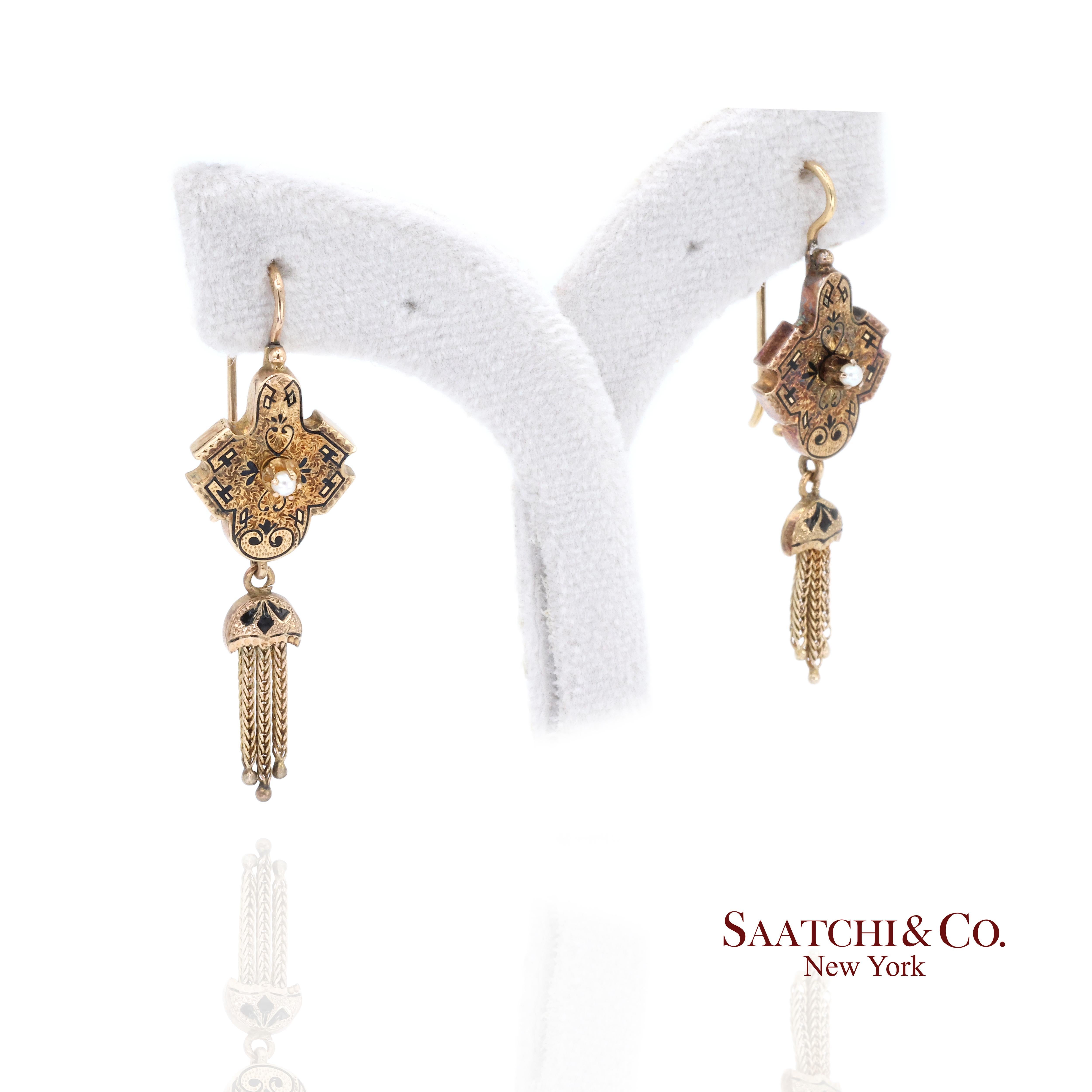 Women's 14K Yellow Gold Pearl Enamel Dangling Earring For Sale