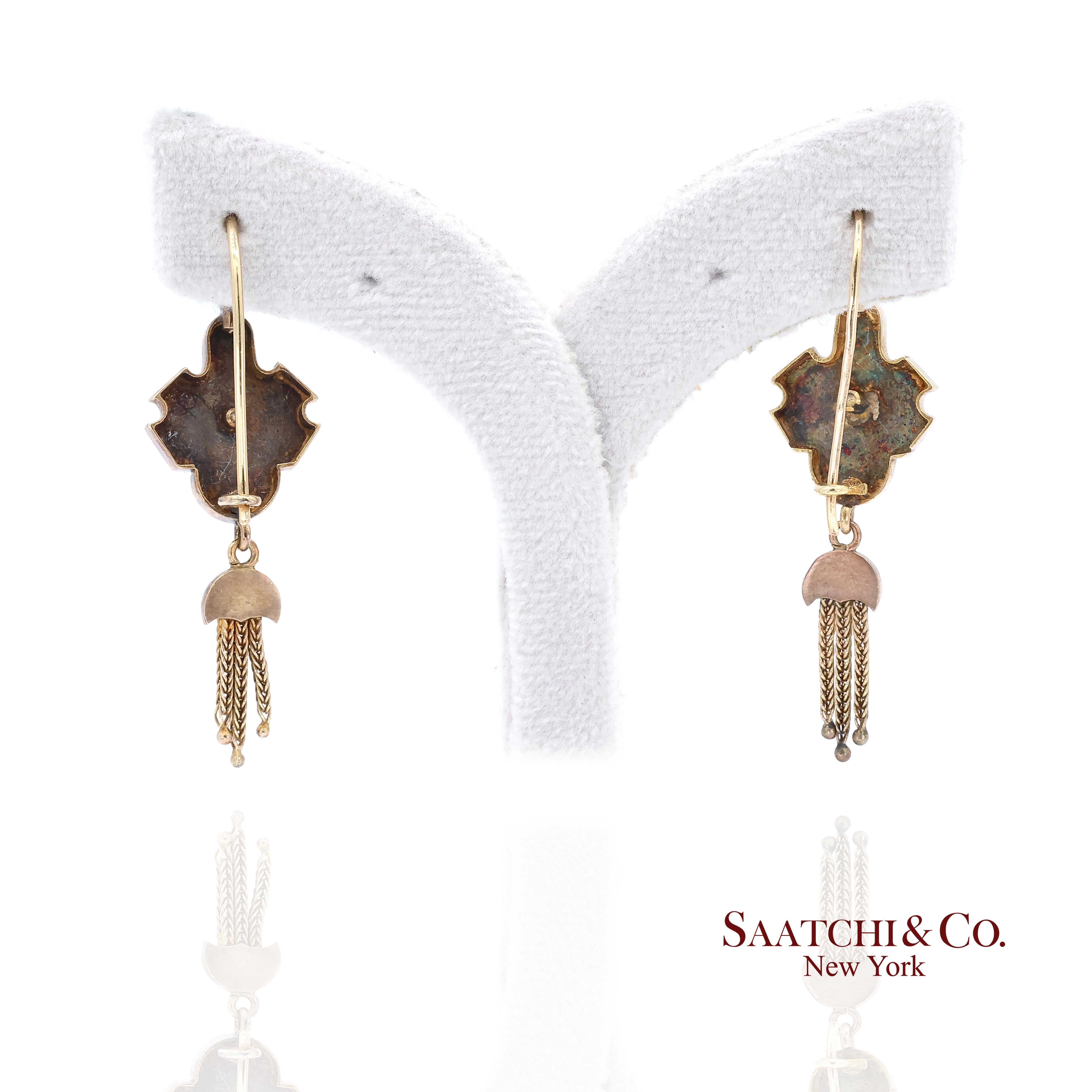 14K Yellow Gold Pearl Enamel Dangling Earring For Sale 1
