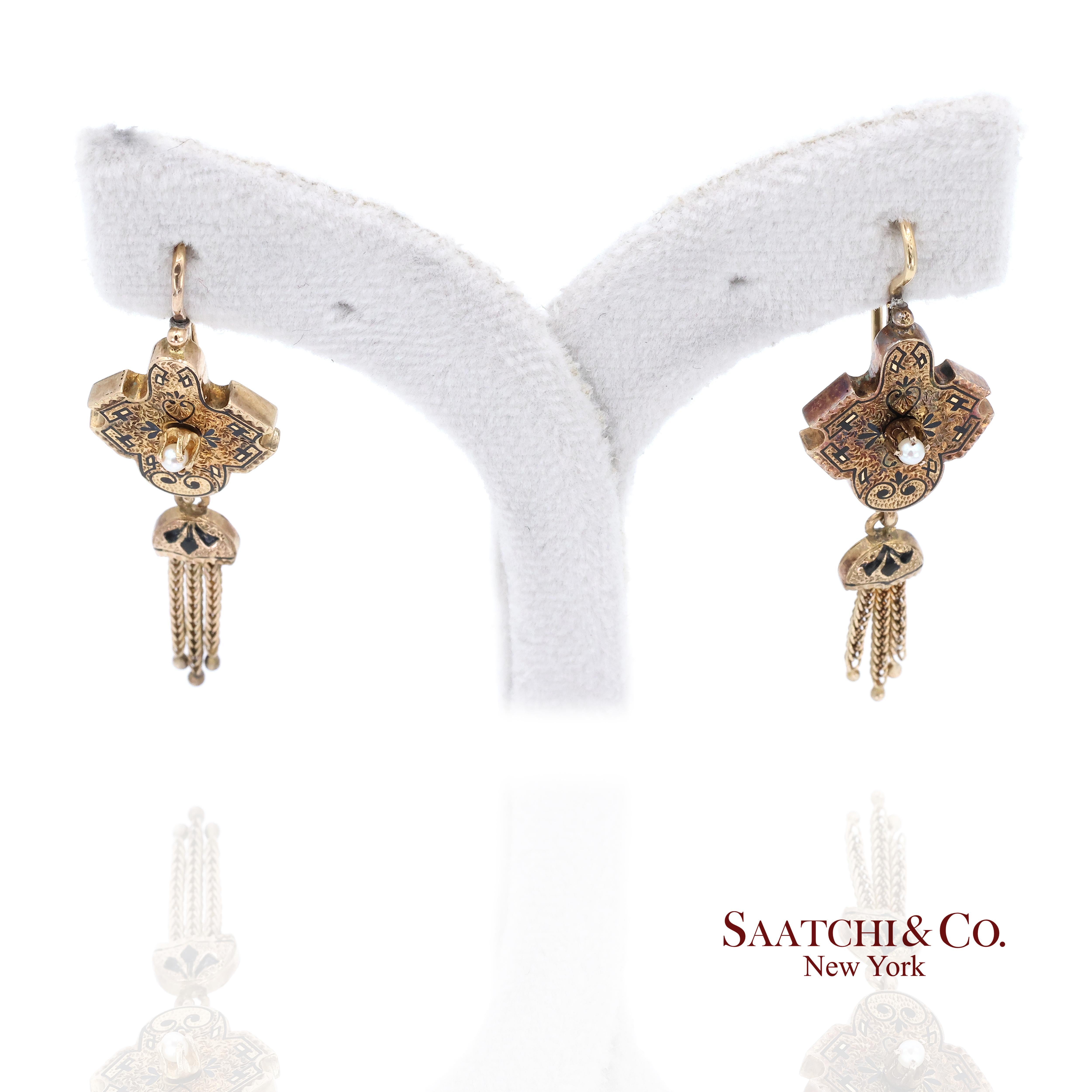 14K Yellow Gold Pearl Enamel Dangling Earring For Sale 2