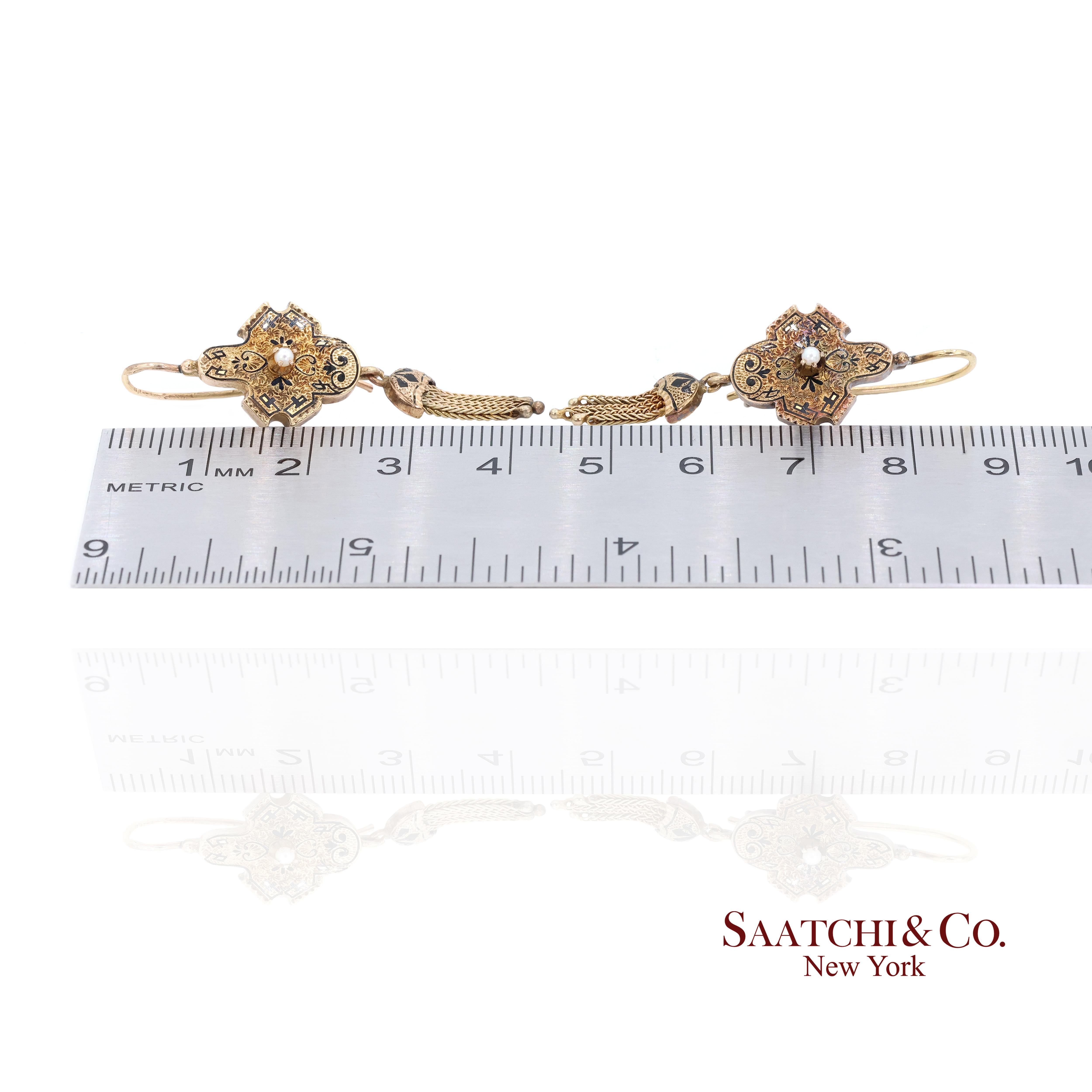 14K Yellow Gold Pearl Enamel Dangling Earring For Sale 3