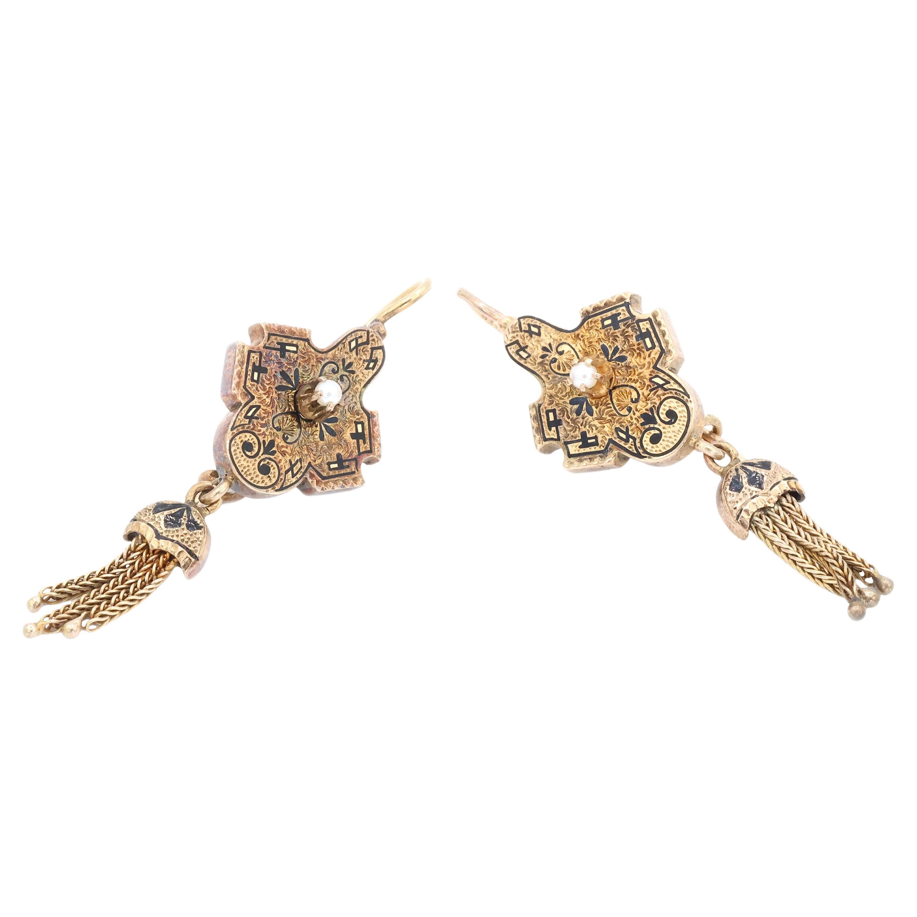 14K Yellow Gold Pearl Enamel Dangling Earring For Sale