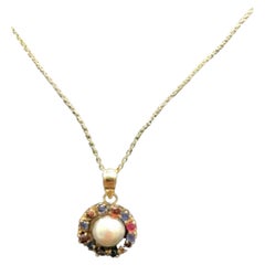 14K Yellow Gold Pearl Multi Color Stone Necklace