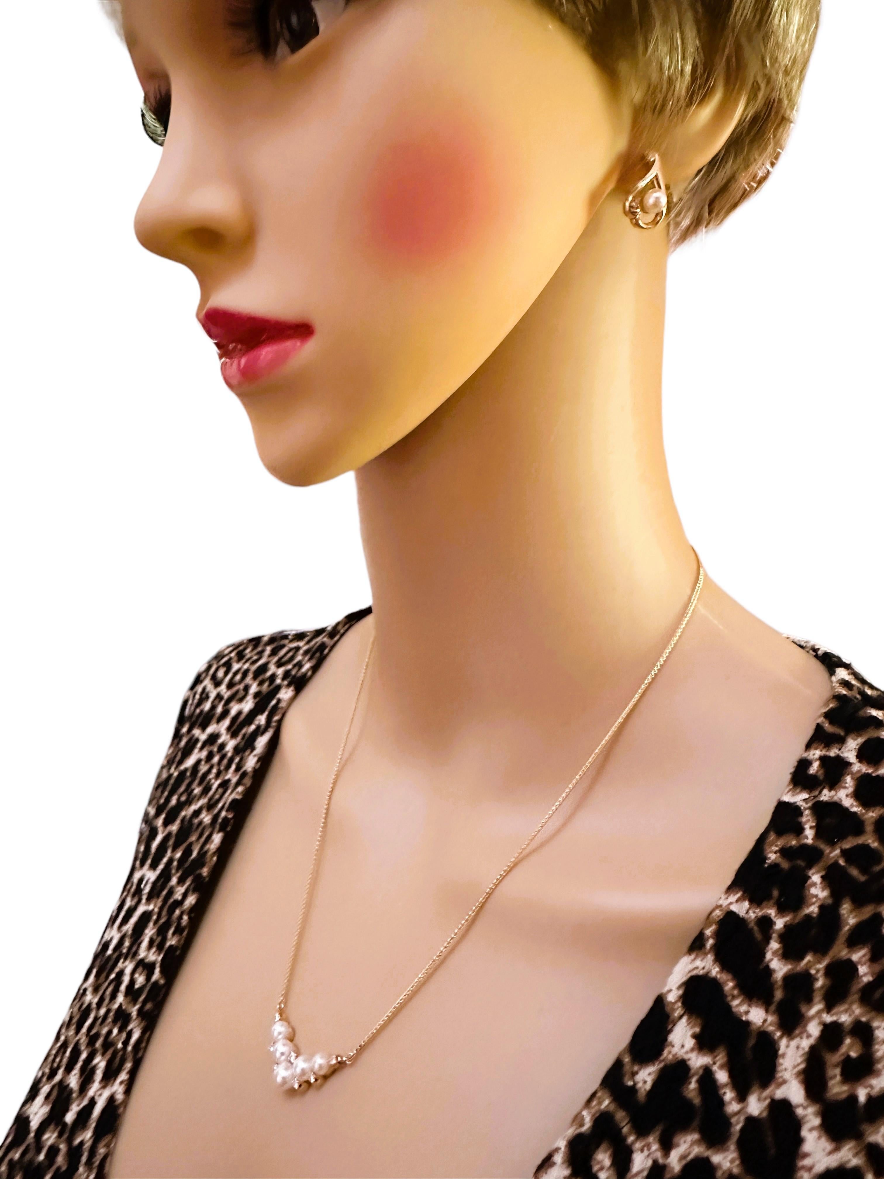 14K Yellow Gold Pearl & Multiple Diamond Chevron Necklace 19 Inches 4