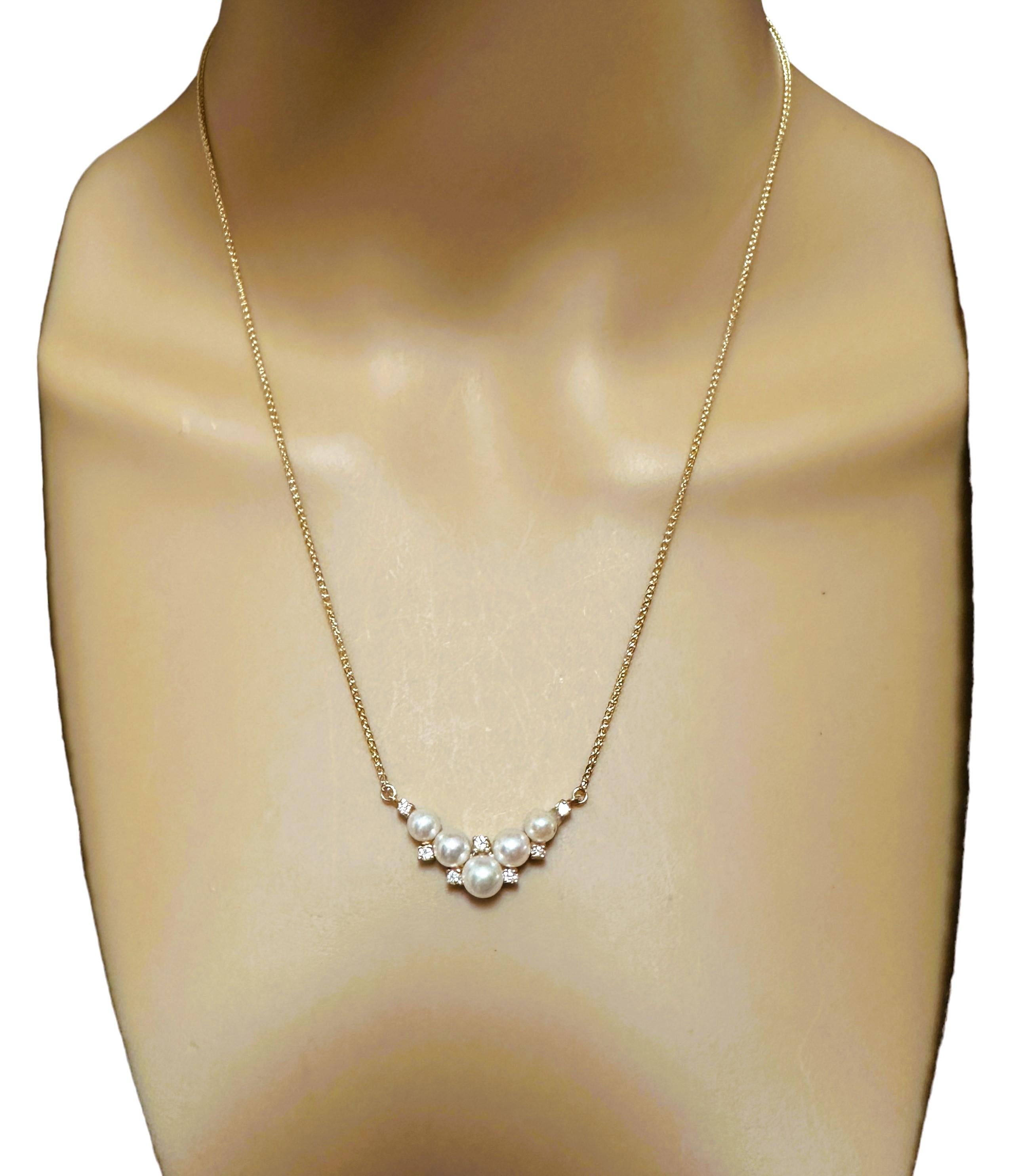 Art Deco 14K Yellow Gold Pearl & Multiple Diamond Chevron Necklace 19 Inches