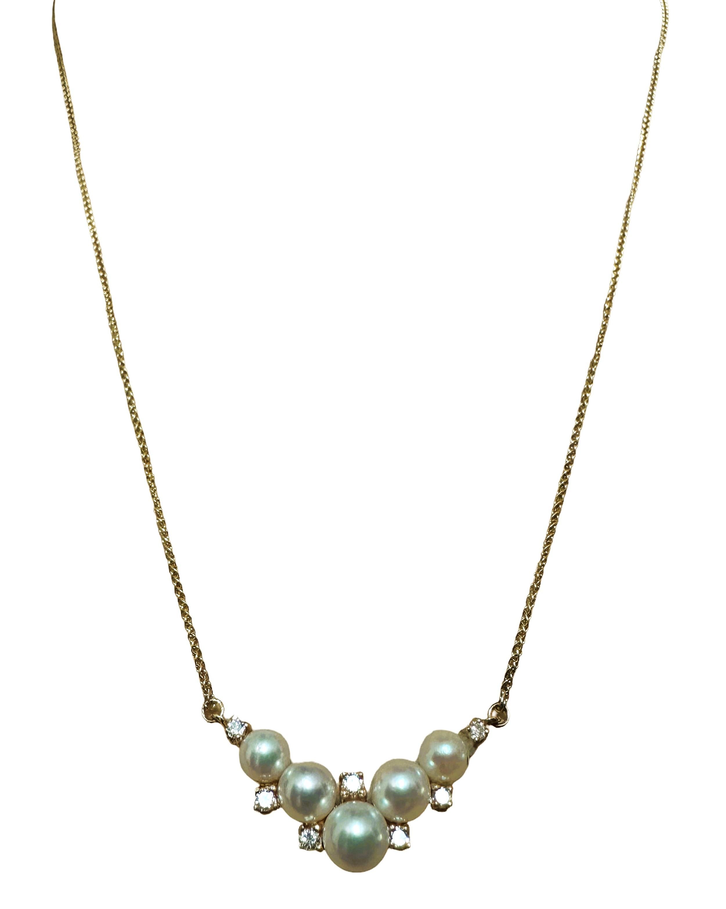 Brilliant Cut 14K Yellow Gold Pearl & Multiple Diamond Chevron Necklace 19 Inches