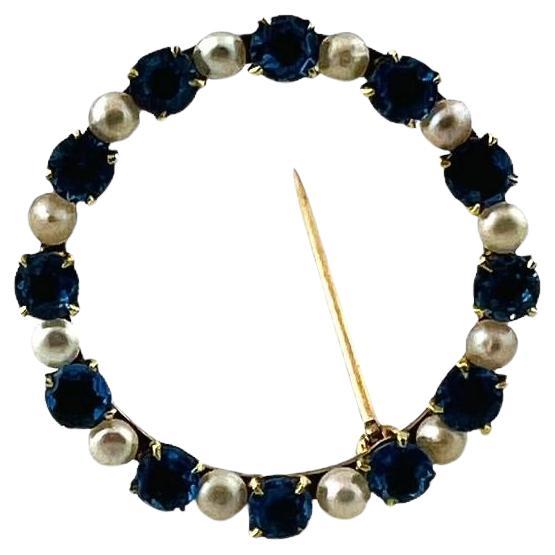 14K Yellow Gold Pearl & Natural Blue Sapphire Circle Brooch #16477 For Sale