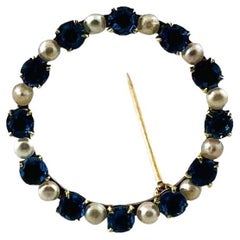 Vintage 14K Yellow Gold Pearl & Natural Blue Sapphire Circle Brooch #16477
