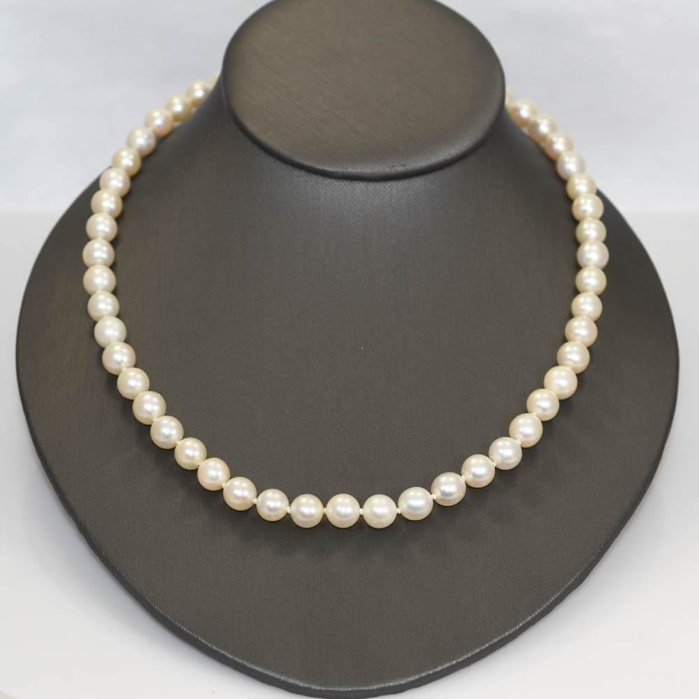Collier de perles de culture d'eau salée avec fermoir en or 14k.
Les perles mesurent de 8 mm à 8,5 mm et ont une couleur crème avec un très bon lustre.
Quelques petites imperfections de surface naturelles sur certaines perles.
Le collier mesure