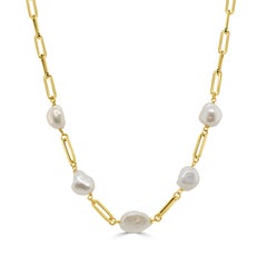 14k Yellow Gold Pearl Paperclip Link Necklace