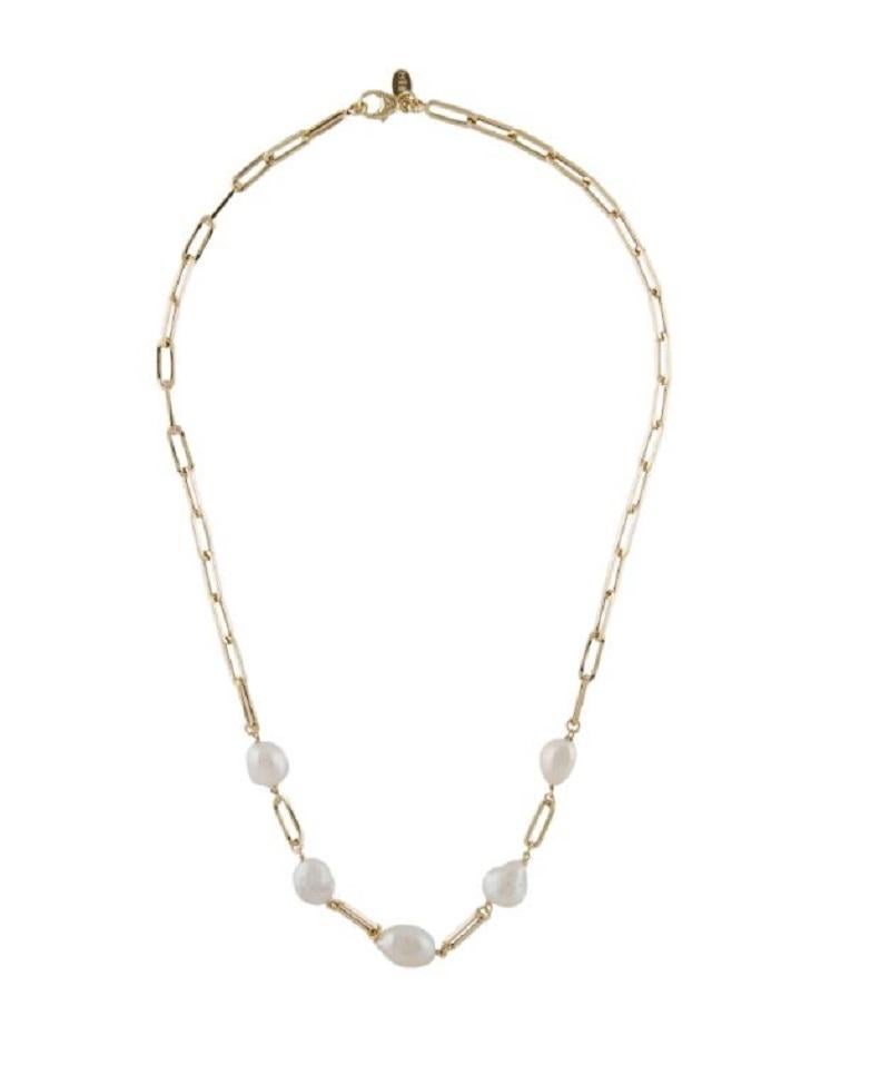 Oval Cut 14k Yellow Gold Pearl Paperclip Link Necklace For Sale