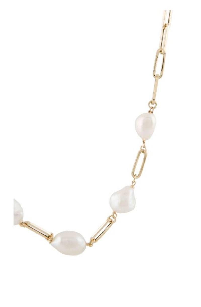 14k Yellow Gold Pearl Paperclip Link Necklace In New Condition For Sale In Great neck, NY