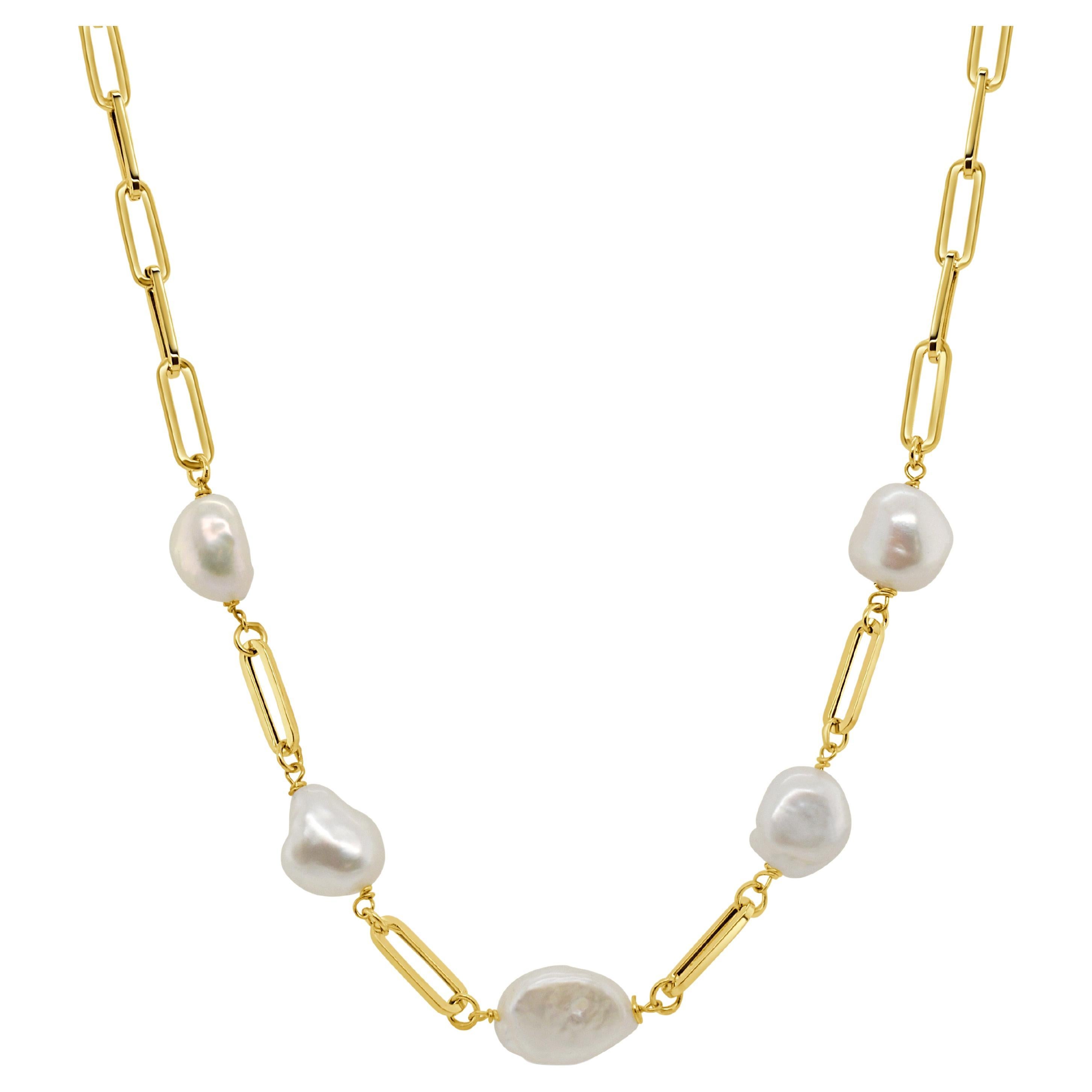 14k Yellow Gold Pearl Paperclip Link Necklace For Sale