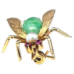 14K Yellow Gold Pearl Pink Sapphire & Jade Back Bee Pin