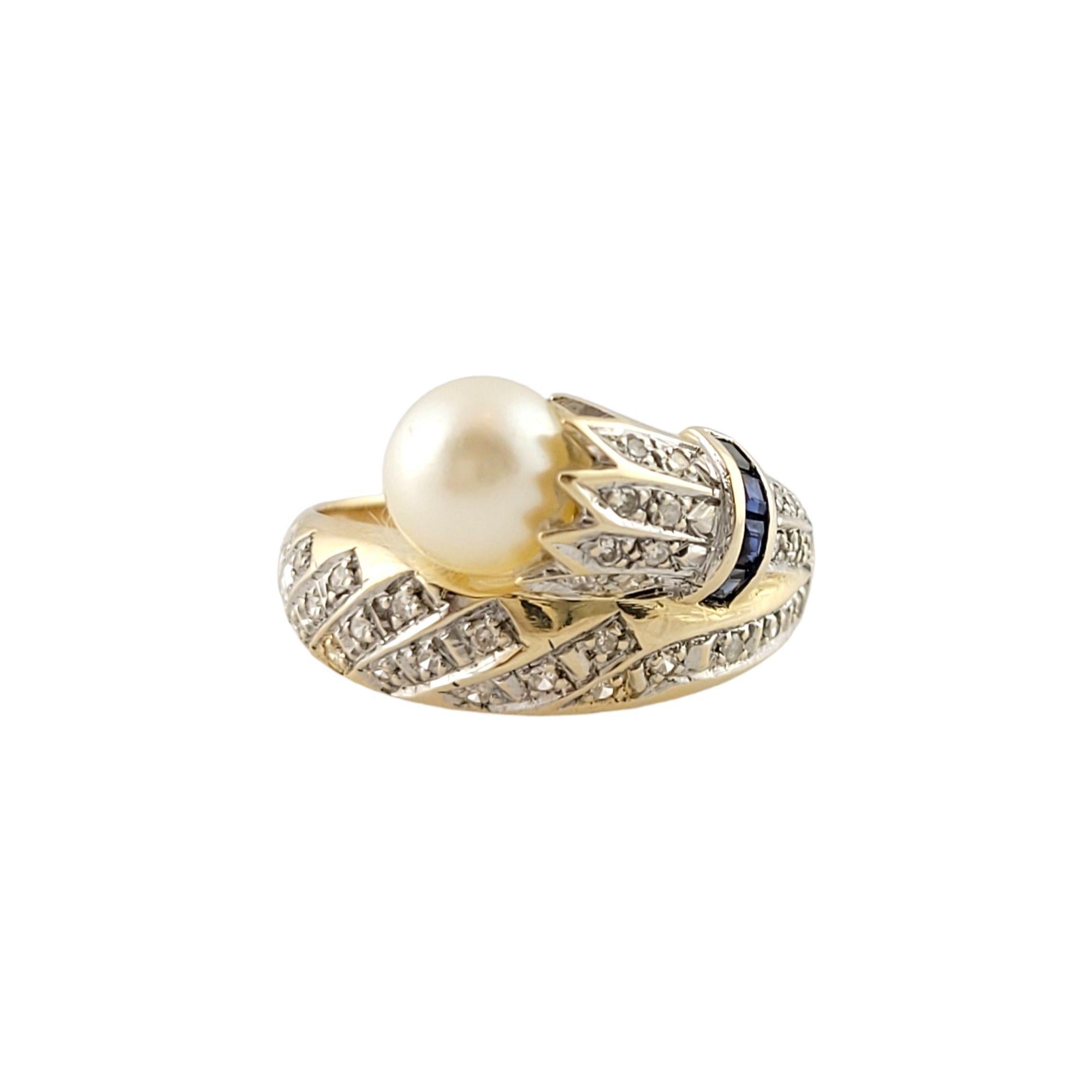 Round Cut 14k Yellow Gold Pearl Ring W/ Sapphires and Diamonds