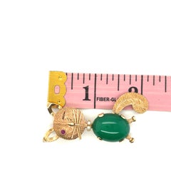 14K Yellow Gold Pearl, Ruby and Green Onyx Winking Cat Brooch