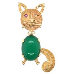 Vintage 14K Yellow Gold Pearl, Ruby and Green Onyx Winking Cat Brooch