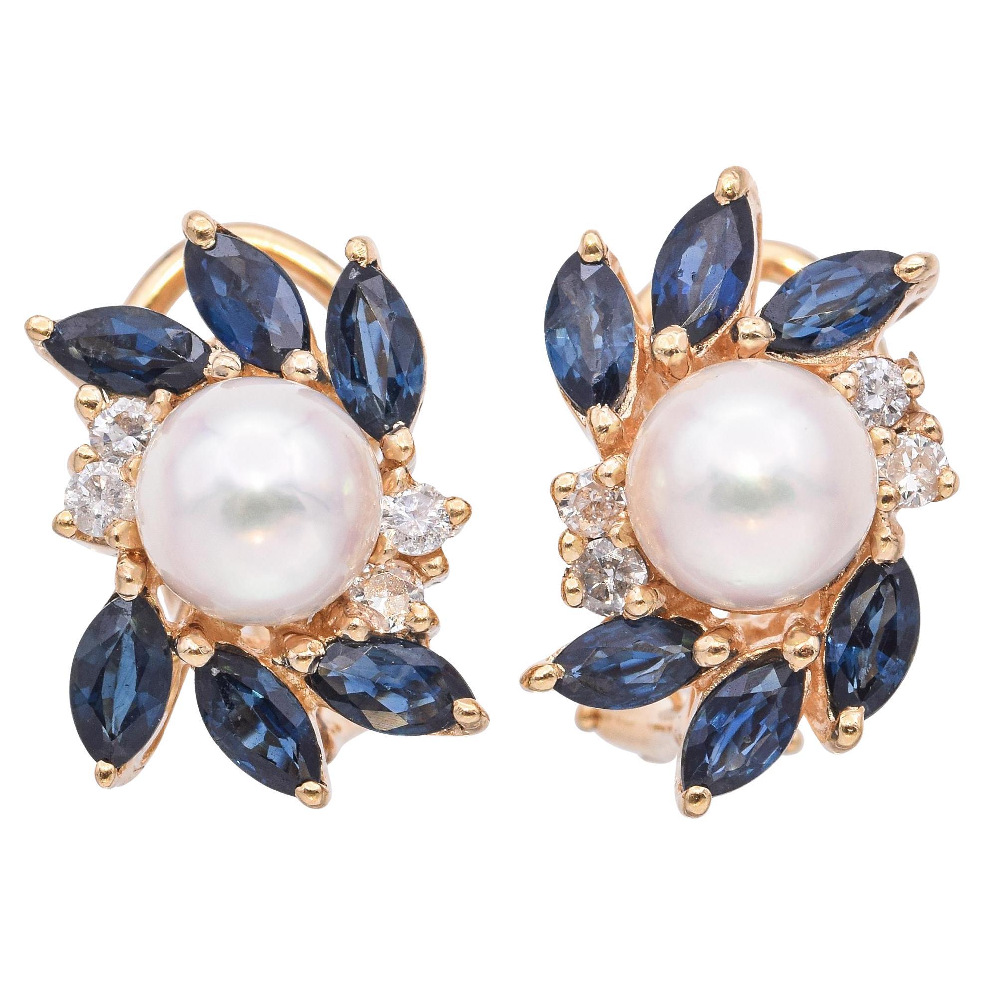14k Yellow Gold Pearl Sapphire and Diamond Omega Back Earrings