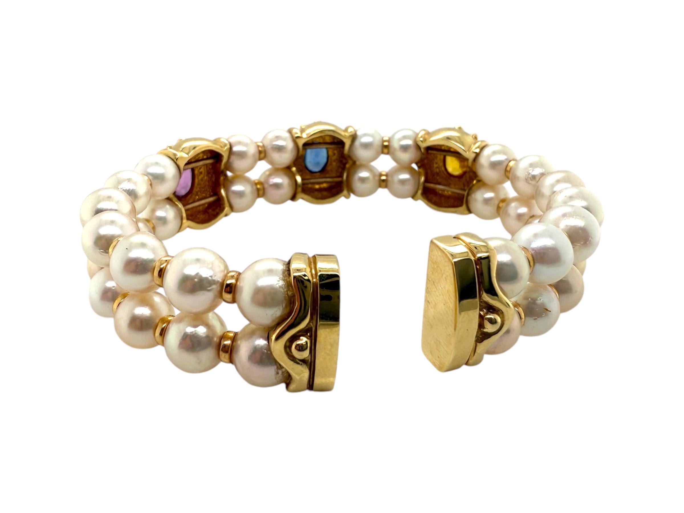 14K Yellow Gold Pearl & Sapphire Cuff Bracelet For Sale 4