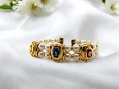 14K Gelbgold Perle & Saphir Manschettenknopf-Armband