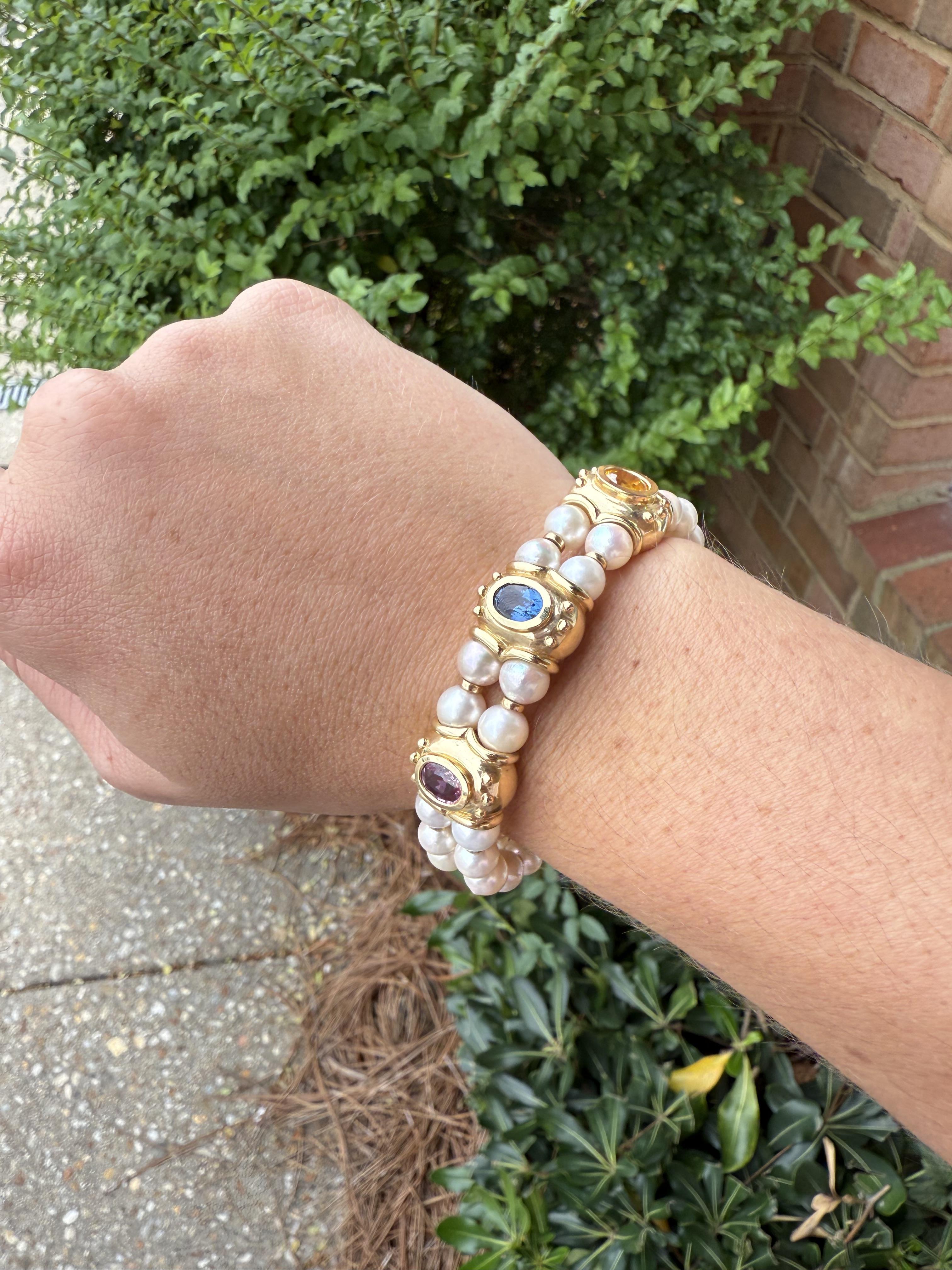 Contemporary 14K Yellow Gold Pearl & Sapphire Cuff Bracelet For Sale