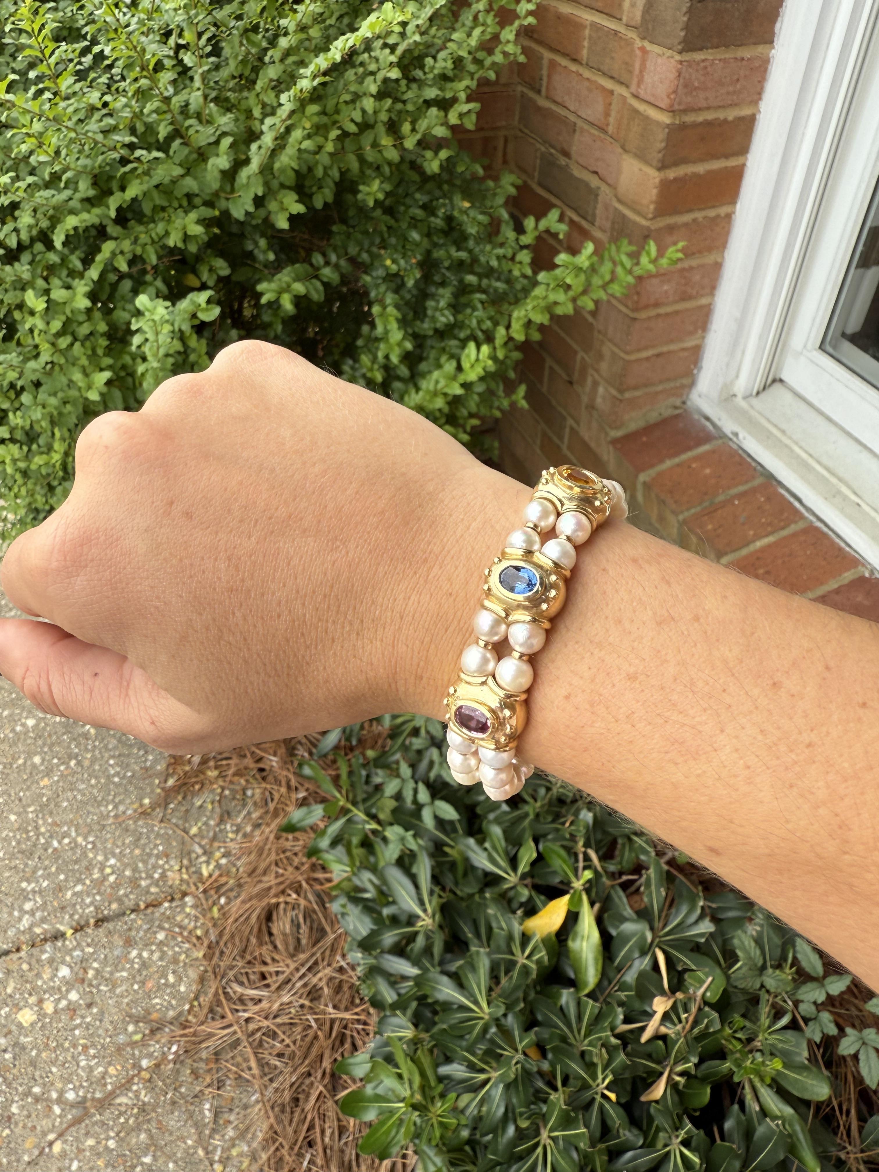Round Cut 14K Yellow Gold Pearl & Sapphire Cuff Bracelet For Sale