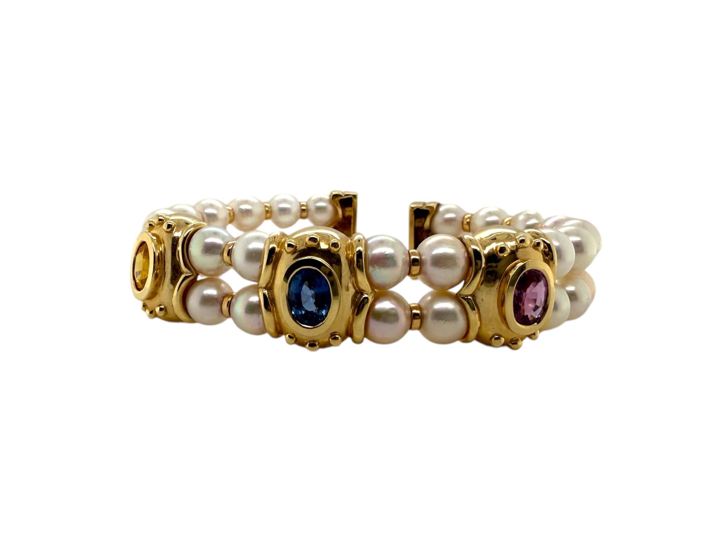 14K Yellow Gold Pearl & Sapphire Cuff Bracelet In Excellent Condition For Sale In Montgomery, AL