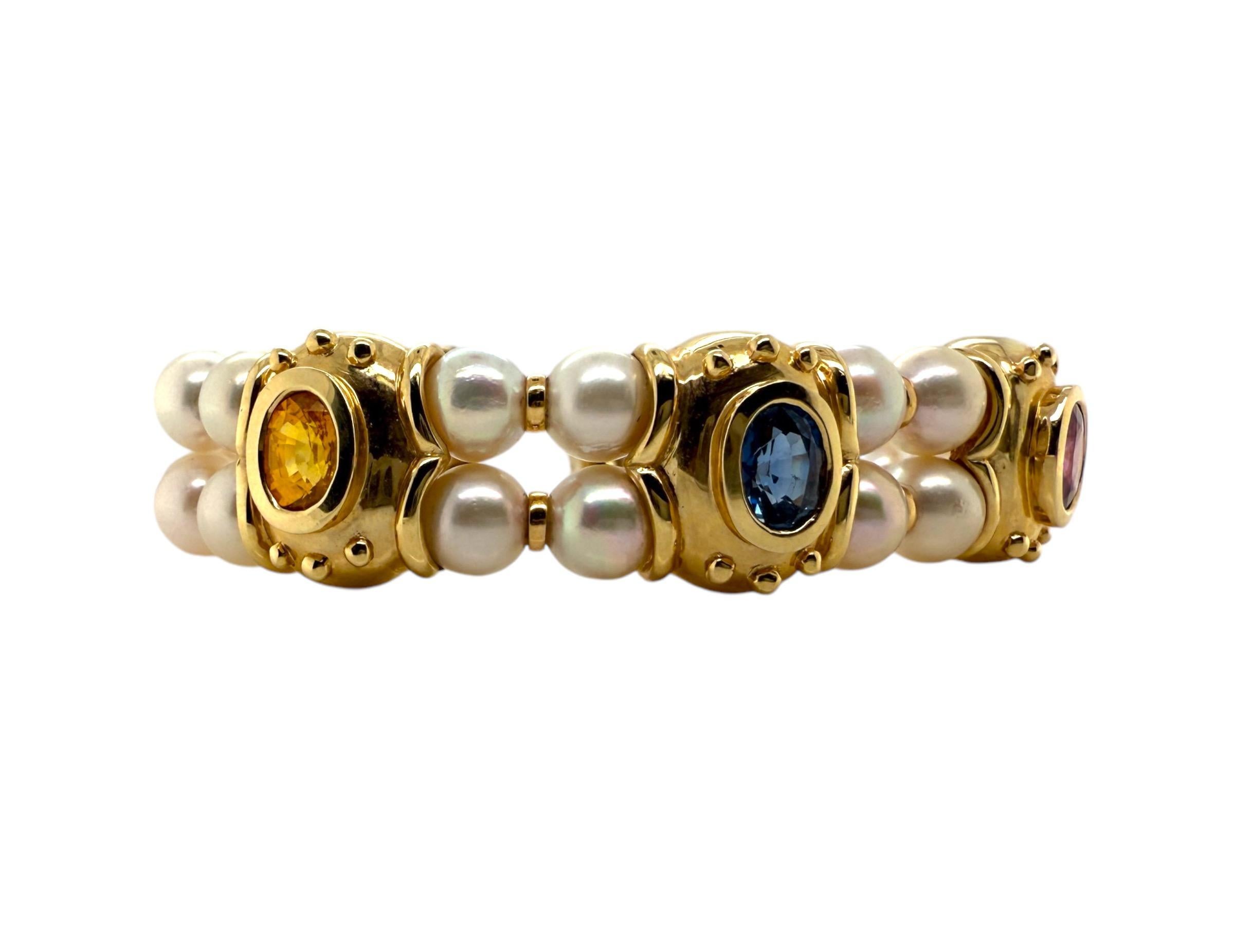 Women's 14K Yellow Gold Pearl & Sapphire Cuff Bracelet For Sale