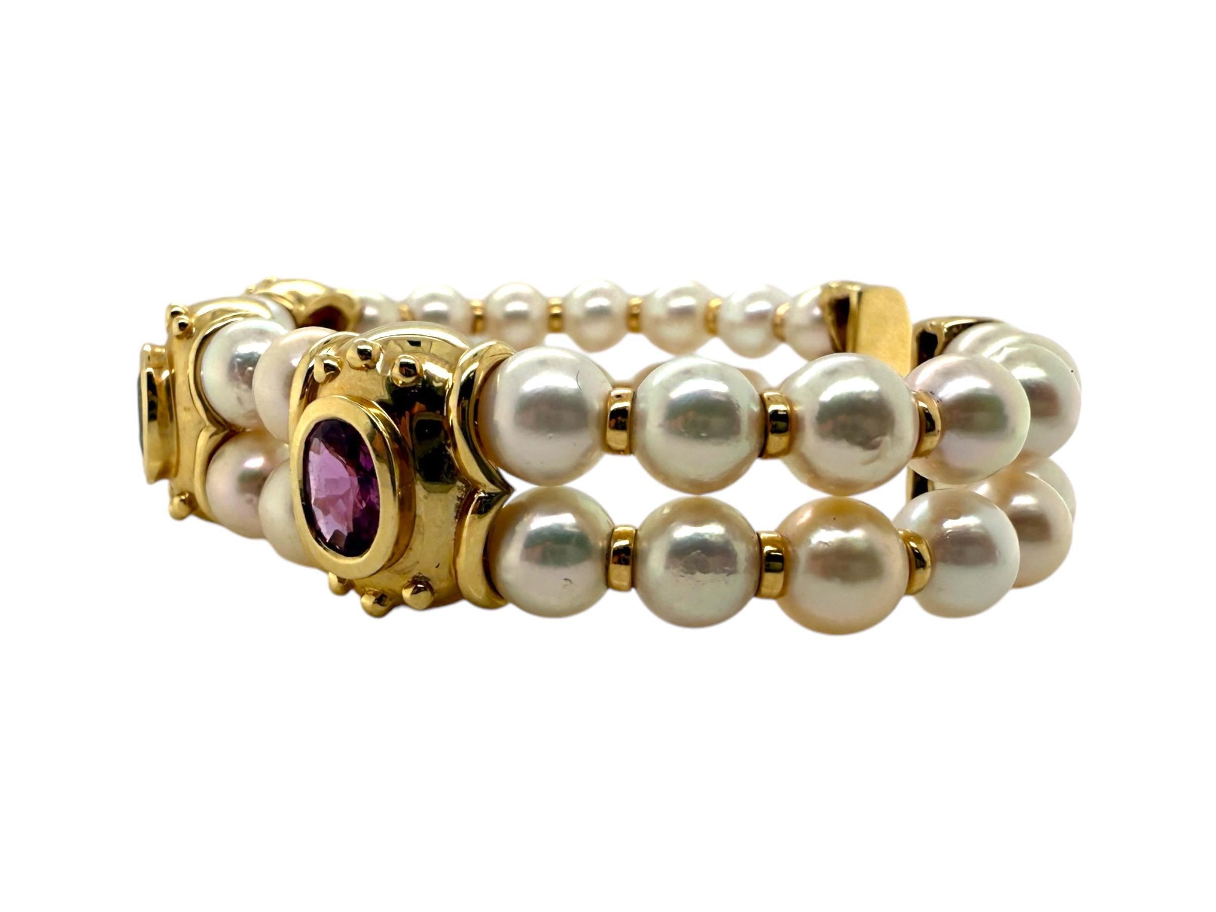 14K Yellow Gold Pearl & Sapphire Cuff Bracelet For Sale 1