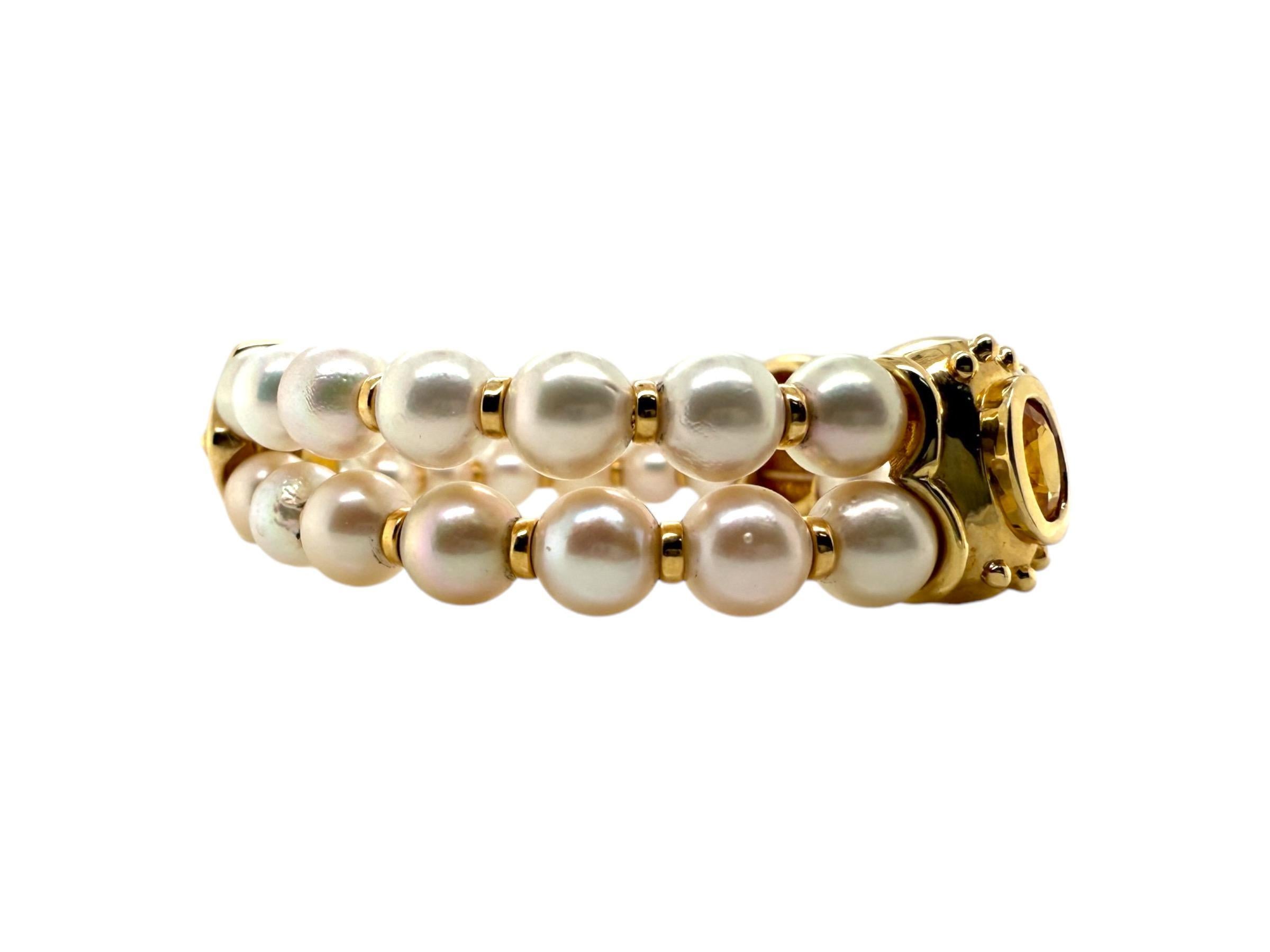 14K Yellow Gold Pearl & Sapphire Cuff Bracelet For Sale 2