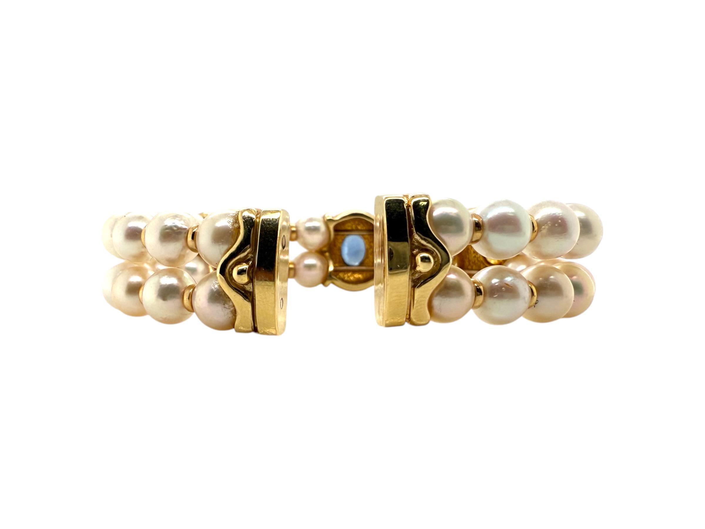 14K Yellow Gold Pearl & Sapphire Cuff Bracelet For Sale 3