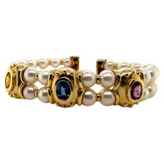 14K Yellow Gold Pearl & Sapphire Cuff Bracelet